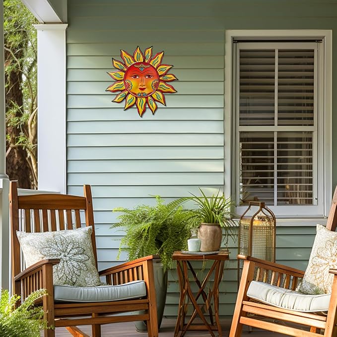 Metal Sun Flower Wall Decor - 12.87 inches Sun Wall Art Hanging Decorations for Outdoor, Home Garden Yard Patio Fence Bedroom Decor