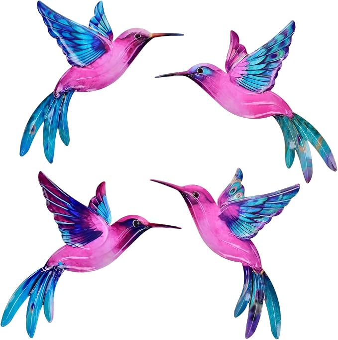 4 Pack Metal Hummingbird Wall Art Decor - 3D Colorful Birds Outdoor Wall Art,Hanging Decoration for Patio, Garden, Balcony and Fence (B)
