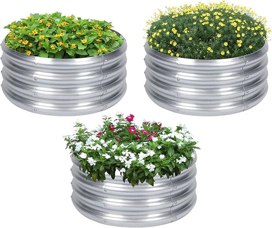 PINPON 2-Pack Galvanized Raised Garden Bed 2x2x1 ft, Round Metal Planter Box Outdoor for Vegetables Flowers, Heavy-Duty Rust-Resistant, Also Use as Fire Pit Ring for Backyard Camping