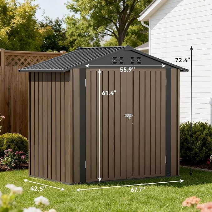 COMHOMA 6'x4' Shed Outdoor Storage Metal, Weatherproof Garden Utility Tool House with Lockable Doors & Adjustable Shelving, Ventilated Backyard Workshop,Brown