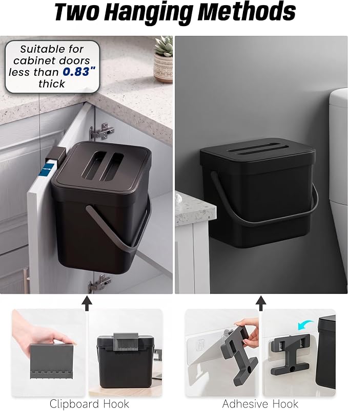 Countertop Compost Bin Kitchen, 1.8 Gallons Hanging Trash Can with Lid for Kitchen Cabinet Door, Under Sink, Wall Mounted Waste Bin for Bathroom, 7L(Black)