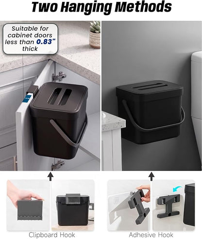 Countertop Compost Bin Kitchen, 1.8 Gallons Hanging Trash Can with Lid for Kitchen Cabinet Door, Under Sink, Wall Mounted Waste Bin for Bathroom, 7L(Black)