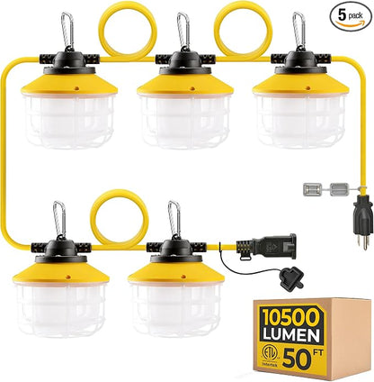 50FT 75W 3Prong Ultra Bright ETL Listed LED Work Construction String Lights | Linkable Up to 12 sets, 140 LM/W, 18/3 SJTW, IP65 Waterproof, Outdoor Temporary Hanging Lighting for Jobsite Shop Crawl Space