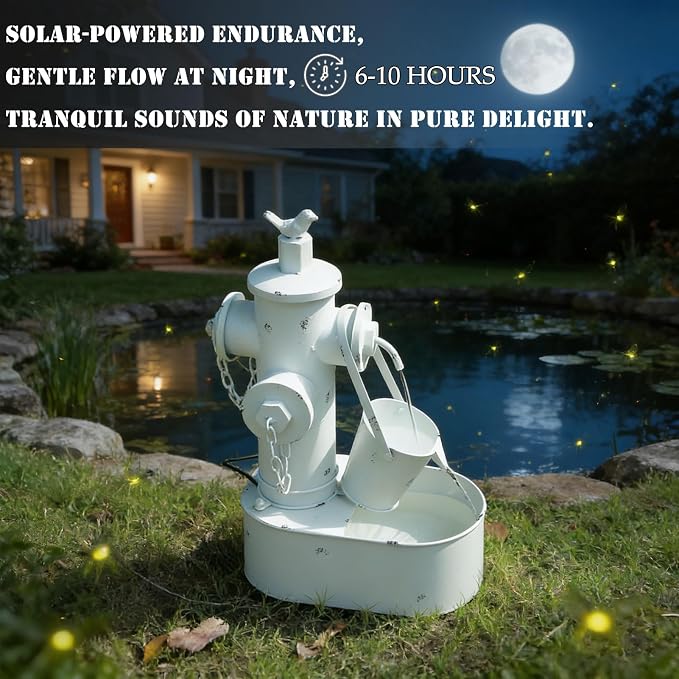 Metal Fire Hydrant Solar Water Fountain with Backup Battery | water fountain outdoor,Solar Fountain Bird Bath for Garden, Patio & Yard Decor,Working at Night for at Least 6 Hours (White)