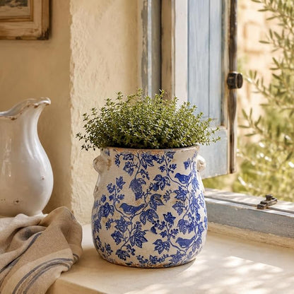 English Country Ceramic Multifunctional Planter, 6.7 Inch Vintage Flower Pot with Drainage Hole, Rustic Chinoiserie Vase & Utensil Holder, Farmhouse Kitchen Garden Decor, Housewarming Gift (Blue Bird)