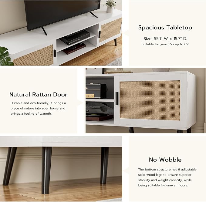 ZttRiee TV Stand with Rattan Doors for TVs up to 65", Mid-Century, White | 54.7"W x 15.7"D x 18.9"H, 150 lbs capacity, 2 rattan-door cabinets & 1 shelf (4 compartments), 2 cord holes, 6 wood feet