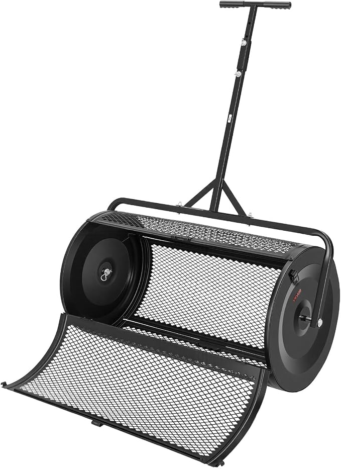 VEVOR Compost Spreader, 36" Wide Peat Moss Spreader with Push/Tow Handle, 4 Heights Adjustable, Powder-Coated Steel Garden Peat Moss Roller, Heavy Duty Grass Seed Roller for Planting Seeding, Black