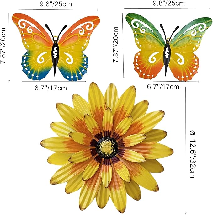 Meduofon Metal Flowers Wall Decor and Butterfly Wall Art, 3 Pack Metal Outdoor Wall Art Decor, Fence Art Wall Sculptures for Indoor Outside Garden Patio Decorations (Yellow&Green)