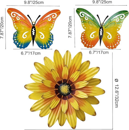 Meduofon Metal Flowers Wall Decor and Butterfly Wall Art, 3 Pack Metal Outdoor Wall Art Decor, Fence Art Wall Sculptures for Indoor Outside Garden Patio Decorations (Yellow&Green)