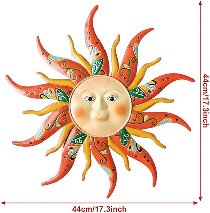 Metal Sun Wall Art Decor,17.3Inches Sun Face Garden Sculptures Statues Wall Art Decorations for Indoor and Outdoor, Room Garden Porch Fence Balcony Patio Decor
