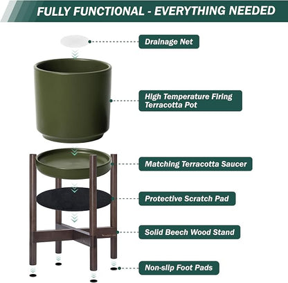 D'vine Dev Ceramic Planter with Walnut Color Stand - 10 Inch Modern Round Flower Pot with Wood Planter Holder, Olive, 55-B-X-J