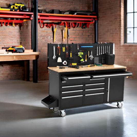 GarveeTech 61-Inch Heavy Duty Rolling Tool Chest with 10 Drawers and Solid Rubber Wood Top Mobile Workstation, 1675 LBS Load, Includes Power Strip, Locking System for Garage Warehouse Repair Shop