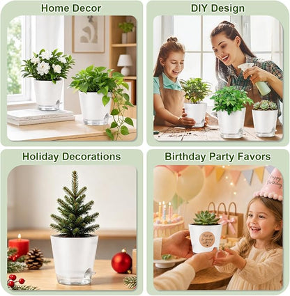 QRRICA 5/5.5/6/6.5/7/8 inch Self Watering Pot Set, Visible Water Level Planter with Transparent Reservoir & Drainage Holes, Plastic Flower Pots with Cotton Rope for Indoor/Outdoor Use (White)