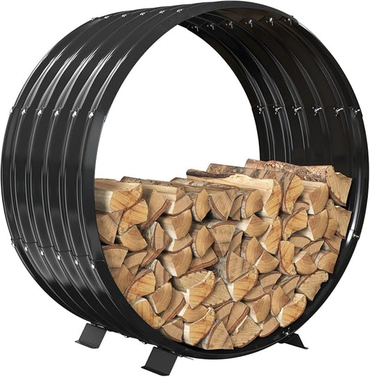 Round Metal Sheet Firewood Rack Indoor by Fireplace/Outdoor Beside Fire Pit -with Metal Legs,Rustproof,Durable & Stylish Firewood Holder (Circle, 32 Inches Diameter)