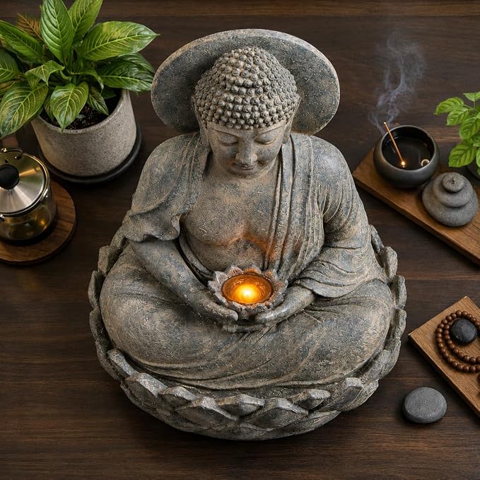 Teamson Home Buddha Zen Statue Water Fountain, Stone Gray | LED Light, Pump Included, Outdoor Patio Garden Backyard Decking, 28 Inch Height