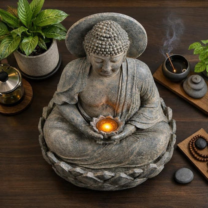 Teamson Home Buddha Zen Statue Water Fountain, Stone Gray | LED Light, Pump Included, Outdoor Patio Garden Backyard Decking, 28 Inch Height