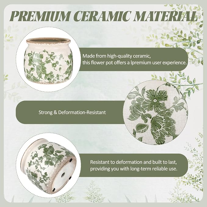 Vintage Planter Large Ceramic Plants Pot Beige Green Vintage Floral Ice Crack Cottage Scroll Vase Flower Vase Pot Indoor Plants Home Kitchen Decor Farmhouse Antique Decorative Gifts