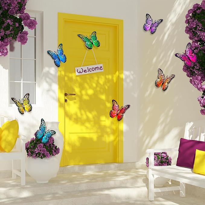 Jetec 8 Pcs Metal Butterfly Wall Decor 6.5 Inch Outdoor Butterflies Wall Art Sculpture 3D Butterfly Hanging Decoration for Spring Outside Fence Garden Yard Home Patio Balcony(Bright Style)