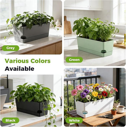 4 Pack Self Watering Pots for Indoor Plants 17 Inches Window Boxes Planters Rectangular Flower Pots Rectangle Herb Pots Large Plant Pots with Drainage Holes and Saucers Windowsill Planter, Green