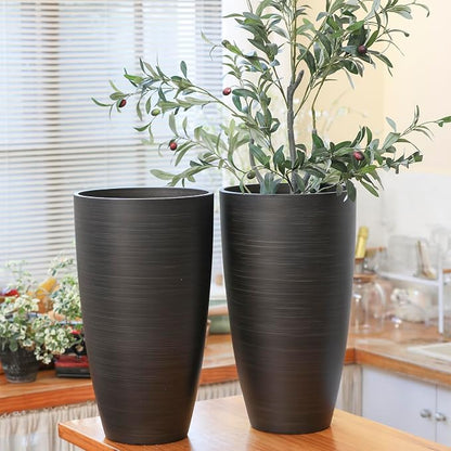 Tall Round Planter 2Pack-11.8"W*21"H Dark Wooden Grain Finish Flower Pots Indoor Decorative Container Garden Patio Outdoor Indoor Plants Unbreakable Resin With Drainage Hole&Movable Insert Shelf