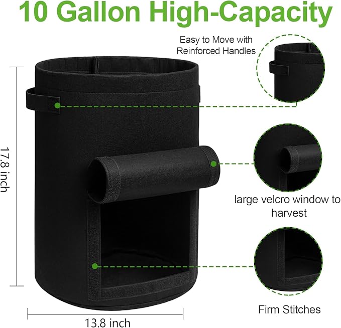 Homyhoo Potato Grow Bags with Flap 10 Gallon, 4 Pack Planter Pot with Handles and Harvest Window for Potato Tomato and Vegetables, Black and Gray