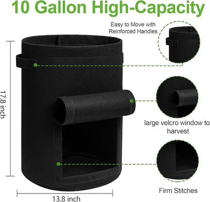 Homyhoo Potato Grow Bags with Flap 10 Gallon, 4 Pack Planter Pot with Handles and Harvest Window for Potato Tomato and Vegetables, Black and Gray