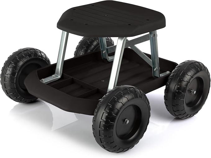 Gardening Stool - Rolling Garden Seat with Wheels and Storage Tool Tray - Garden Cart Scooter - Yard Tools by Pure Garden (Black)