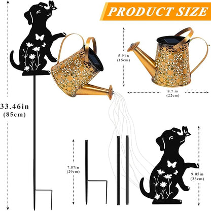 Solar Lights Outdoor Decorative, Watering Can with Cascading Lights, with Dog Silhouette Garden Stakes, Gifts for Mom Women, Waterproof Metal Garden Decor for Yard Art, Outside(1 Pack)