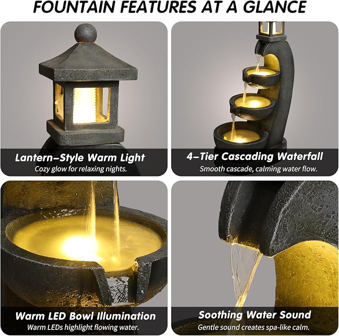 35.4" Outdoor Water Fountain, 3 Tier Bowl Cascading Freestanding Water Fountain, Lantern Style Garden Water Feature with LED Lights, Suitable for Patio Yard Porch Landscape, Grey