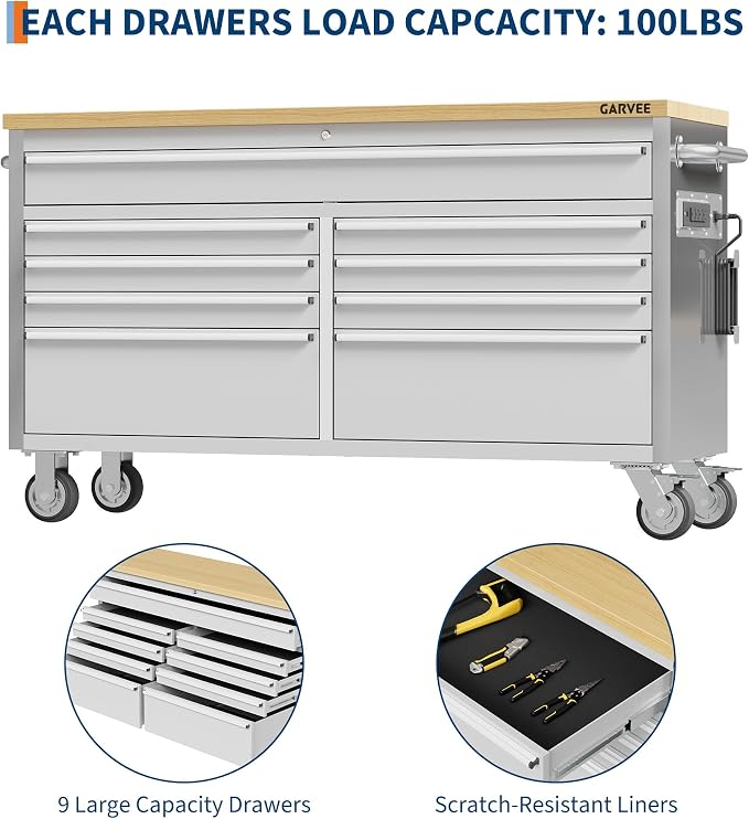 Garvee 61-Inch Heavy-Duty Rolling Tool Chest & Mobile Workbench with 9 Drawers & Outlets, Rubber Wood Tabletop, Key Locking System, Drawer Liners & Wheels, Steel Storage Cabinet for Garage