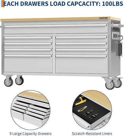 Garvee 61-Inch Heavy-Duty Rolling Tool Chest & Mobile Workbench with 9 Drawers & Outlets, Rubber Wood Tabletop, Key Locking System, Drawer Liners & Wheels, Steel Storage Cabinet for Garage