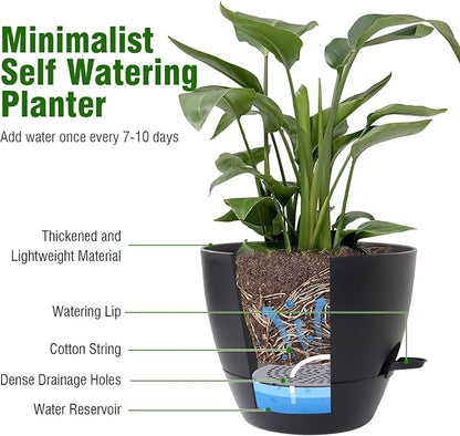 WSMKSZ 8 inch Self Watering Pots, 2 Pack Plastic Planters with Mesh Drainage Holes for Garden Plants and Flower, Plants Pots with Deep Reservoir for Indoor Outdoor Plants, Black