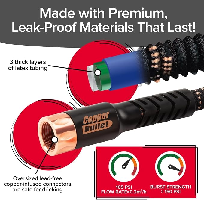Pocket Hose 75 FT Copper Bullet Expandable Garden Hose w/10 Pattern Thumb Spray Nozzle AS SEEN ON TV 650psi 3/4 in Patented Lead-Free Ultra-Lightweight Solid Copper Anodized Aluminum | 10 pattern thumb spray nozzle, anti-burst upto 650 psi, 3/4 in, lea...