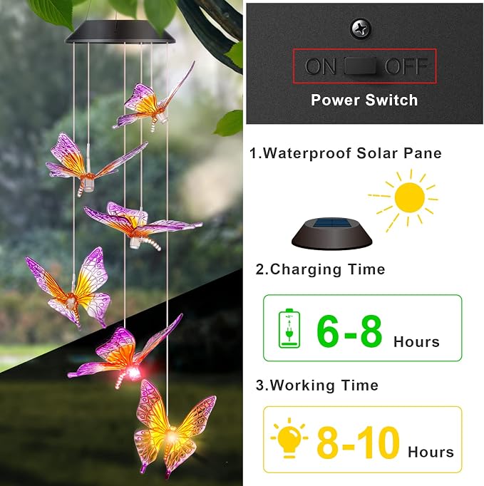 DesGully Butterfly Wind Chimes, Solar Wind Chimes/Wind Chimes for Outside Color Changing (Gifts for mom/Gift for Grandmom/Gift for Women) Thanksgiving Gift Butterfly Gift