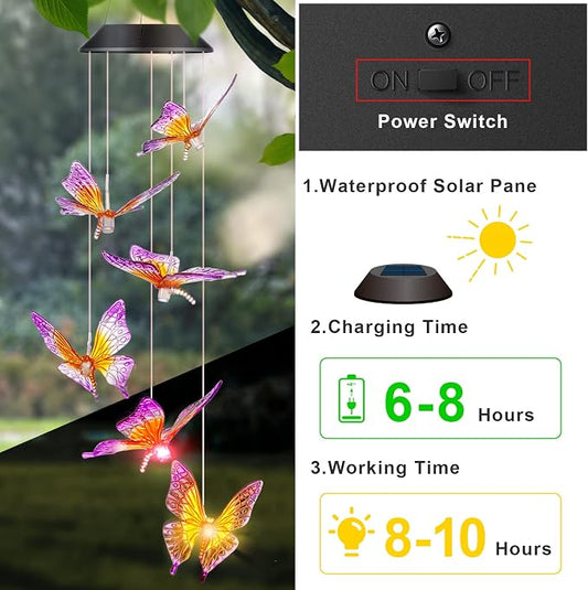 DesGully Butterfly Wind Chimes, Solar Wind Chimes/Wind Chimes for Outside Color Changing (Gifts for mom/Gift for Grandmom/Gift for Women) Thanksgiving Gift Butterfly Gift