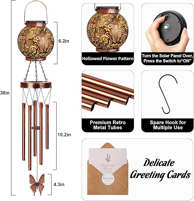 YHmall Solar Wind Chimes for Outside, Butterfly Birthday Gifts for Women Mom, Flower Solar Lantern Windchimes Outdoors, Hanging Memorial Wind Chimes for Garden Decor
