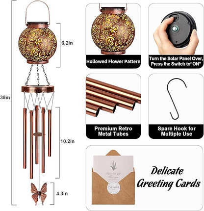 YHmall Solar Wind Chimes for Outside, Butterfly Birthday Gifts for Women Mom, Flower Solar Lantern Windchimes Outdoors, Hanging Memorial Wind Chimes for Garden Decor