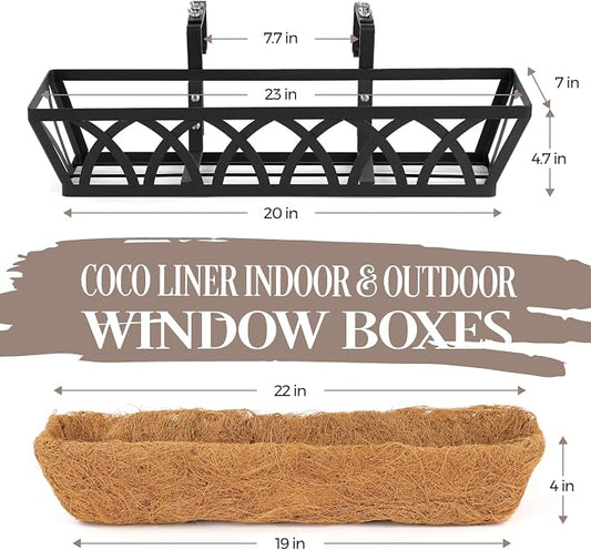 2 Pack 24IN Window Box Railing with Adjustable Brackets, Hanging Flower Planter Basket with Coco Liner for Outdoor Balcony Porch Fence Patio (Black)