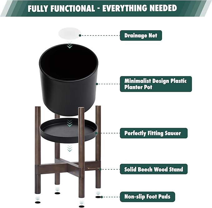 D'vine Dev Plastic Pot with Walnut Wood Stand, Black, 14 in, 55-C-R-2 | Mid-Century Inspired Design, Elevated Plant Display, Clean Lines, Sturdy Support, Modern Space-Saving Style