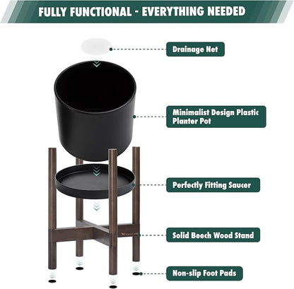 D'vine Dev Plastic Pot with Walnut Wood Stand, Black, 16 in, 55-C-X-2 | Mid-Century Inspired Design, Elevated Plant Display, Clean Lines, Sturdy Support, Modern Space-Saving Style