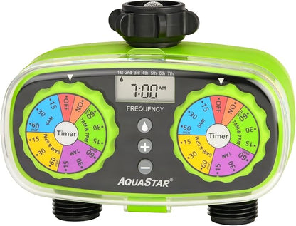 AQUASTAR Two-Zone Hose Watering Timer (Green), Automatic Irrigation for Lawn, Garden, Yard, Two Outlets