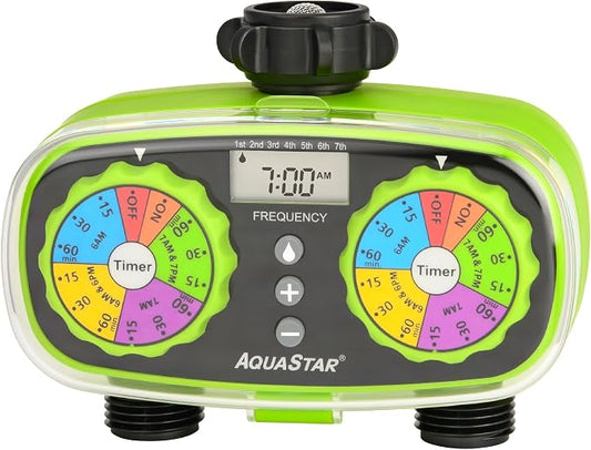 AQUASTAR Two-Zone Hose Watering Timer (Green), Automatic Irrigation for Lawn, Garden, Yard, Two Outlets