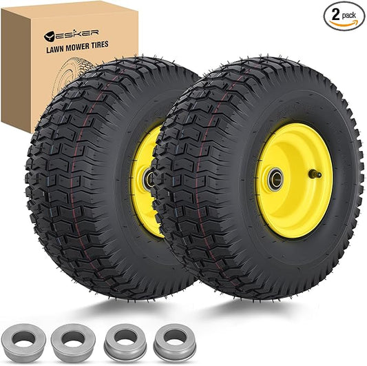 Yesker 15x6.00-6 Pneumatic Lawn Mower Tire and Wheel with 3/4" Bearing Bore, 15x6-6nhs Rubber Riding Lawnmower Tires with 3" Center Hub, 2 Pack
