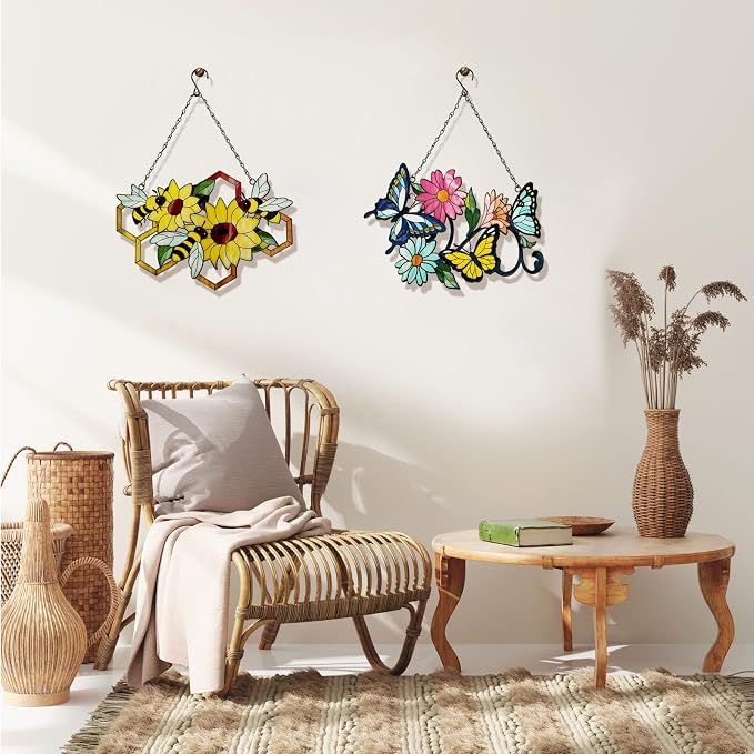 Metal Bee Wall Decor Wall Art On The Bathroom living Room Outdoor Fence Decorations With Silhouette Ornament Branch Wall Hanging Sign For Balcony Garden Decor 15" x 12" (bee flowers)