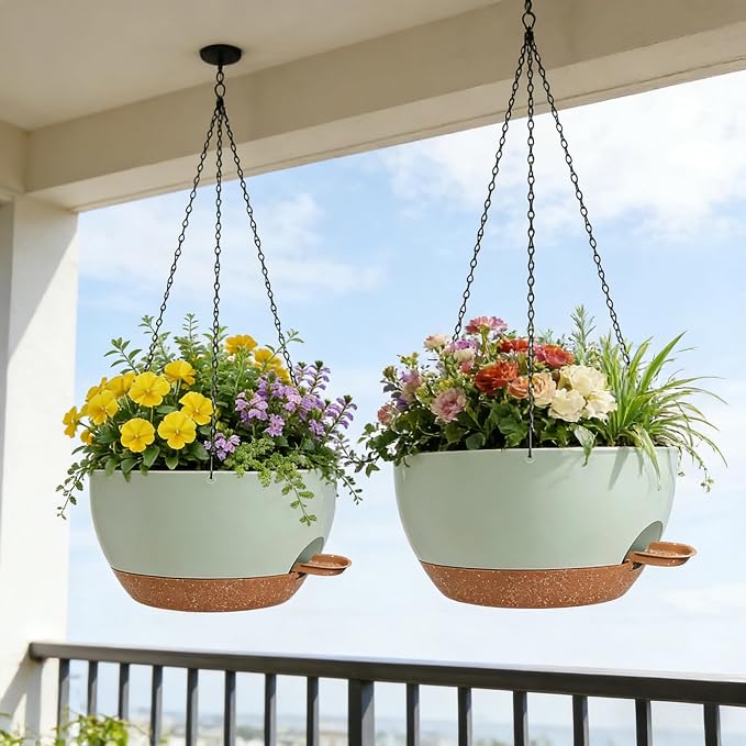12" Self Watering Hanging Planters with Chains, Green Brown，2 Pack | Plastic hanging baskets with 43 Oz removable reservoir, for indoor outdoor plants, patio porch garden balcony decor