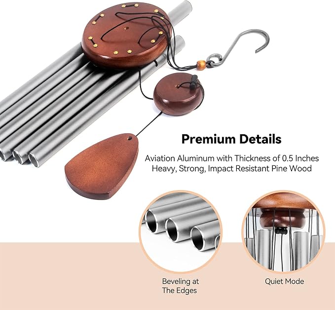 Wind Chimes for Outside with Wood Wind Catcher, 37 Inches Large Aluminum Windchimes Outdoors for Patio Decoration & Zen Atmosphere, Best Gifts for Mom(Silver Grey)