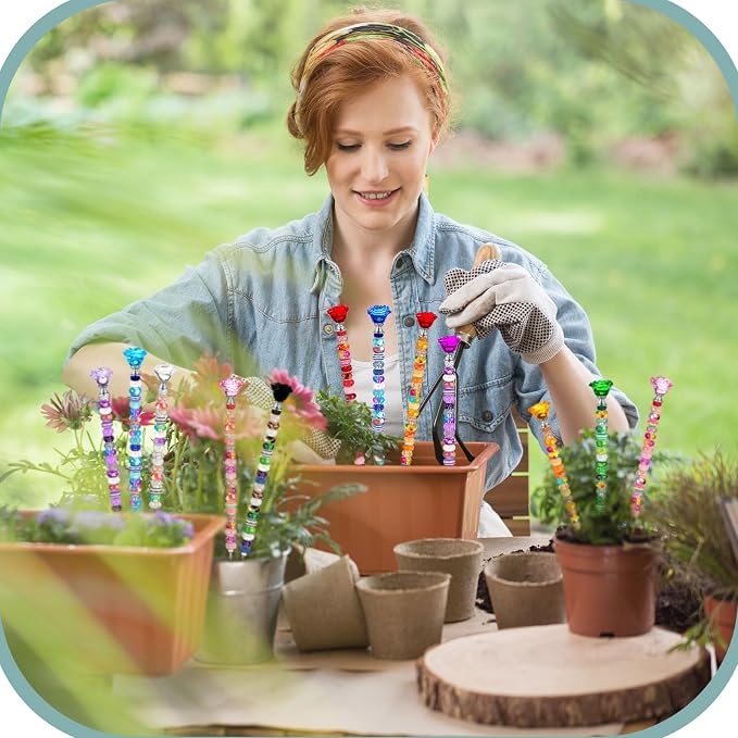 Tigeen 236 Pcs Garden Stake DIY Fairy Wand Plant Stake with 12 Colorful Crystal Stopper Top 12 Threaded Rod with 200 Large Hole Bead for Spring Summer Holiday Outdoor Decorations(Rose Flower)