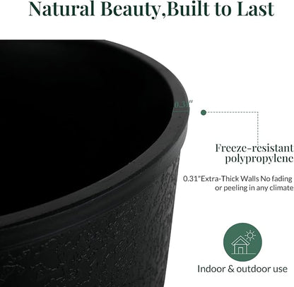KOL Planters Flower Pots, Plastic Urn Planters for Indoor Outdoor Plants, Black Pedestal Planter Pots 2 Pack, 15 Inch Tall Decorative Planters with Drainage Holes & Plugs for Front Porch Patio Garden