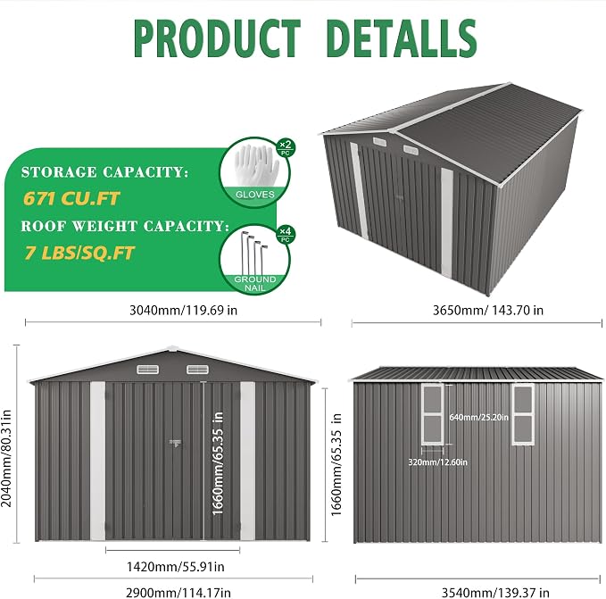 10x12FT Outdoor Storage Shed,Waterproof Large Metal Garden Shed with Double Door and Two Translucent Windows,Vents,Tool Shed for Backyard Patio Lawn Poolside,Gray