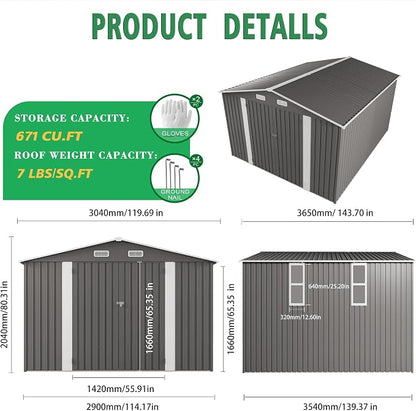 10x12FT Outdoor Storage Shed,Waterproof Large Metal Garden Shed with Double Door and Two Translucent Windows,Vents,Tool Shed for Backyard Patio Lawn Poolside,Gray